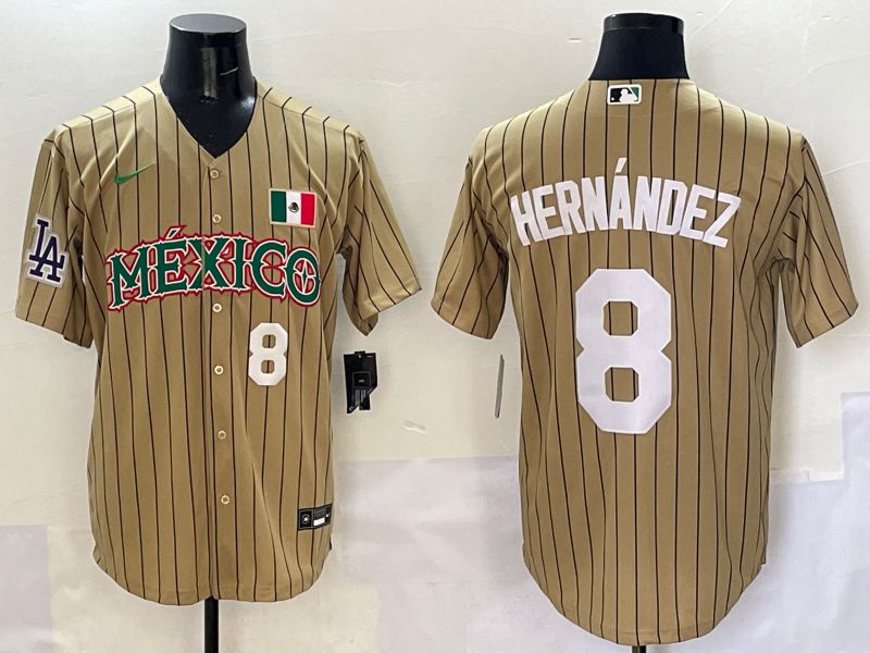 Men Los Angeles Dodgers 8 Hernandez Brown Stripe Mexico Joint Name 2025 Nike MLB Jersey style 8